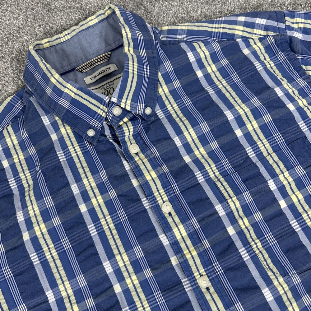 Jos A Bank 1905 Button Down Dress Shirt Stretchy Tailored Fit Large Blue Plaid